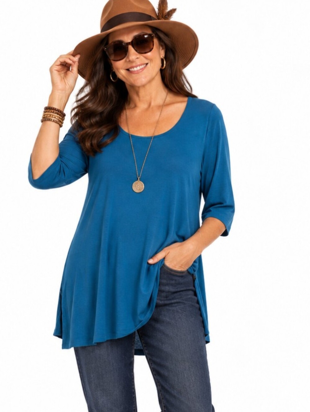 Eileen Fisher Teal Blue Scoop Neck Viscose Knit Long Tunic Quiet Luxury Sz PM